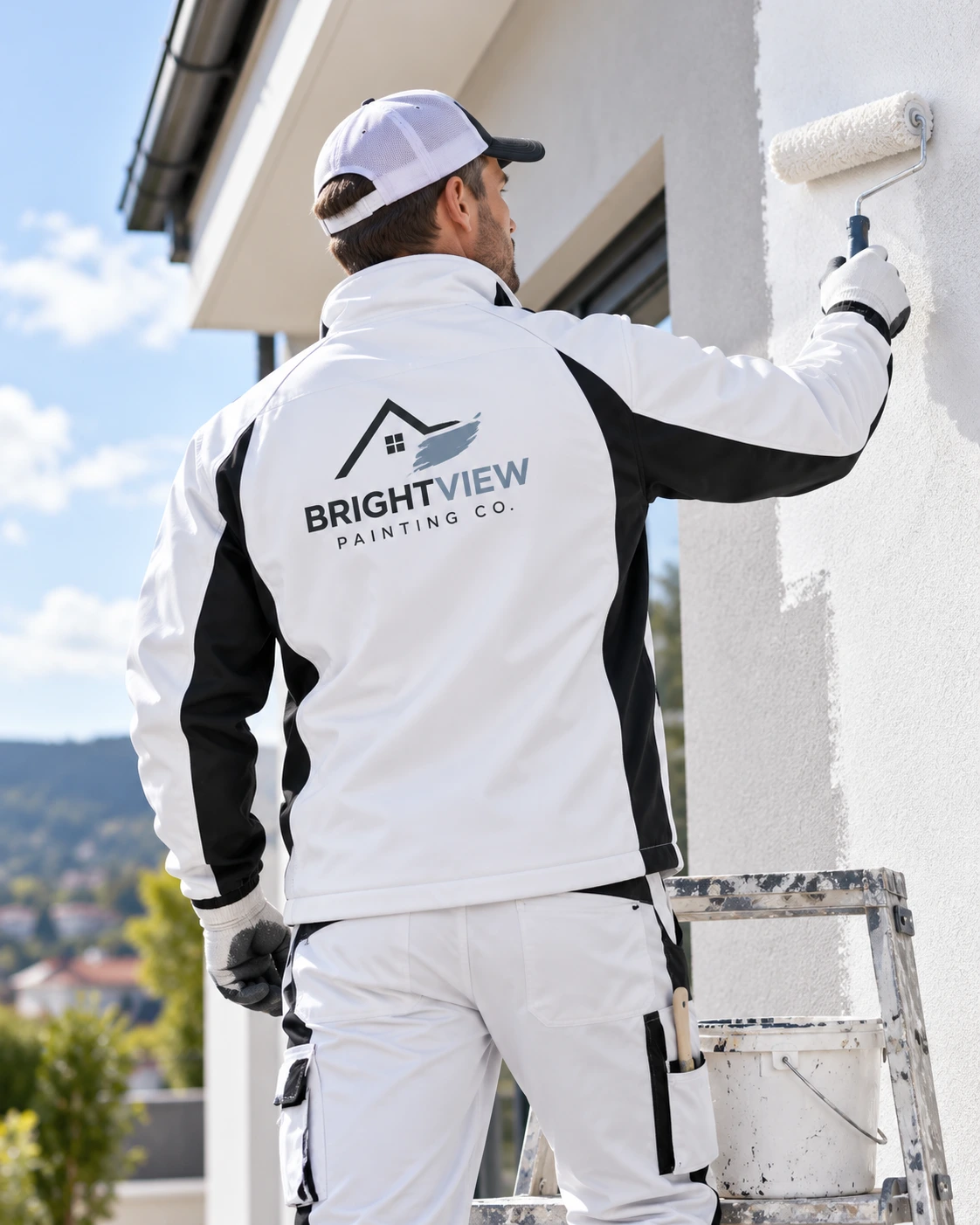 Maler in weiß-schwarzer Arbeitsjacke mit Brightview Painting Co. Logo auf dem Rücken beim Streichen einer Hausfassade mit Farbrolle.