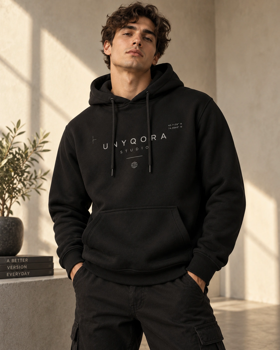 Junger Mann im schwarzen Premium Heavy Hoodie mit modernem UNYQORA Studio Print in warmem, minimalistischem Studio-Look.