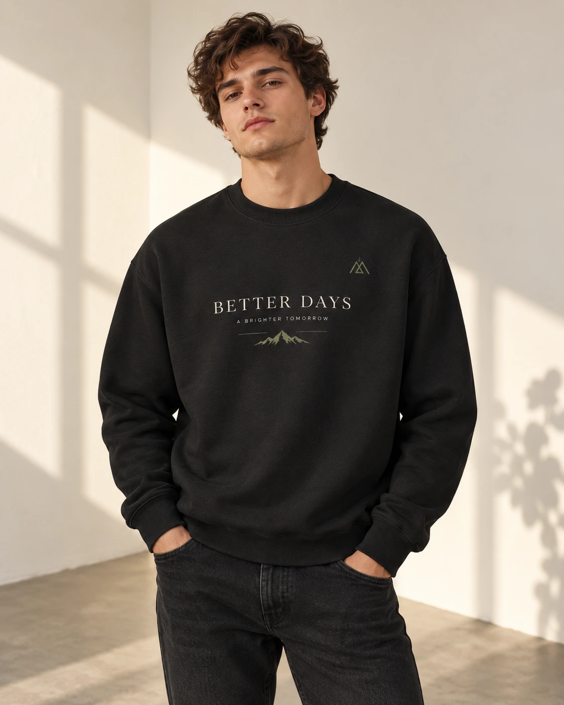 Junger Mann im schwarzen Premium Sweatshirt mit modernem „Better Days“-Print in warmem, minimalistischem Studio-Look.
