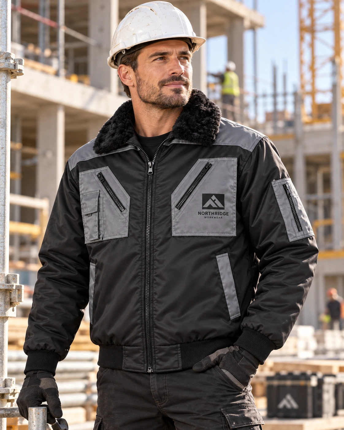Bauarbeiter auf einer Baustelle in schwarzer Pilotenjacke mit grauen Taschen, weißem Schutzhelm und Firmenlogo auf der linken Brusttasche.