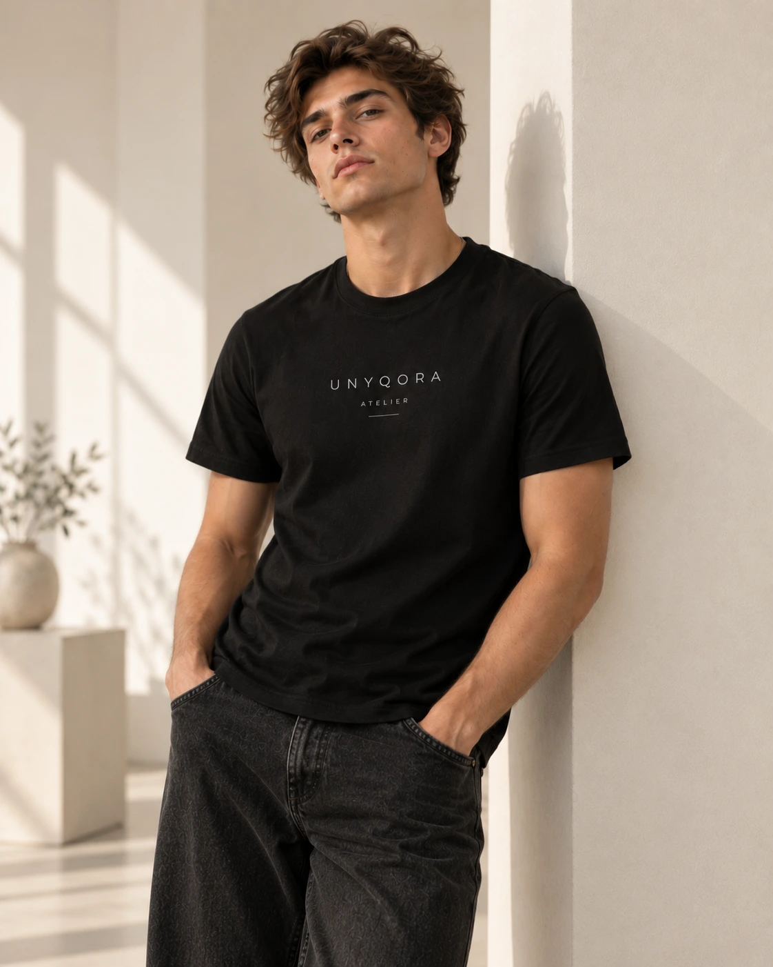 Cooler junger Mann im schwarzen Classic Tee mit trendigem Print, lässig in heller Studioecke mit warmem Sonnenlicht inszeniert.