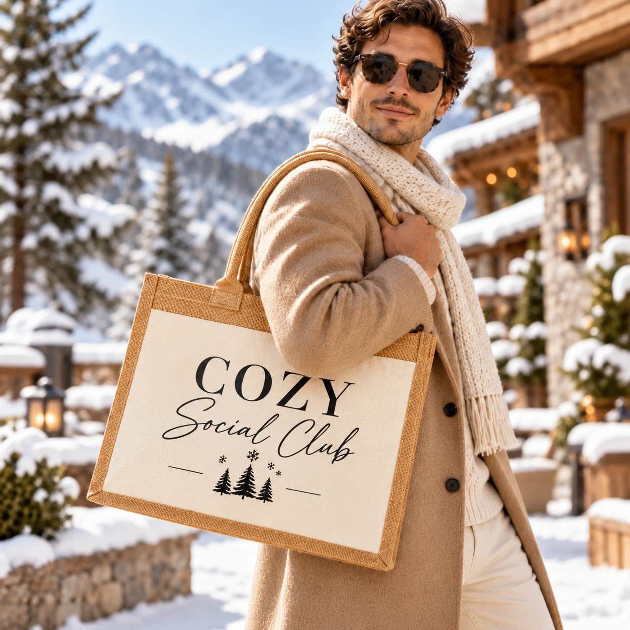 Mann mit personalisierter Jute-Canvas-Tasche im winterlichen Look mit „Cozy Social Club“-Design – UNYQORA